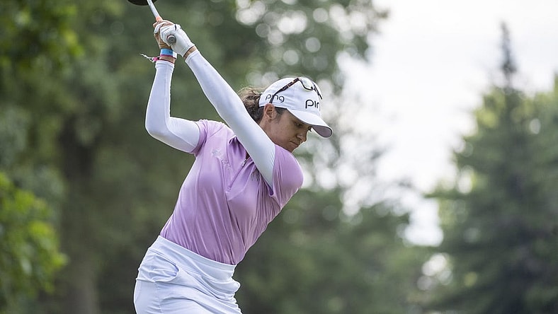 Aug 9, 2020; Sylvania, OH, USA; Paula Reto from South Africa tees off on the 3rd hole during the final round of the Marathon LPGA Classic golf tournament at Highlands Meadows Golf Club. Mandatory Credit: Marc Lebryk-USA TODAY Sports