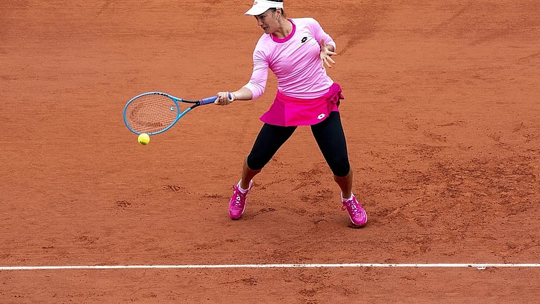 Sep 27, 2020; Paris, France; Danka Kovinic (MNE) in action during her match against Victoria Azarenka (BLR) on day one of the 2020 French Open at Stade Roland Garros. Mandatory Credit: Susan Mullane-USA TODAY Sports