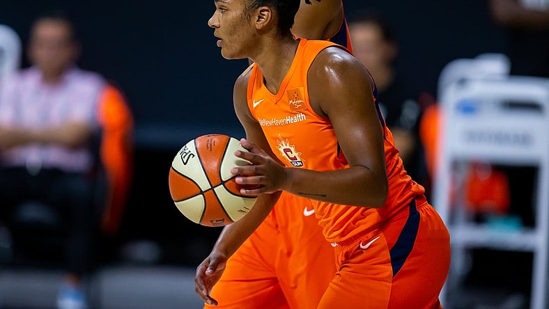 Sep 29, 2020; Bradenton, Florida, USA; Connecticut Sun forward Alyssa Thomas (25) dribbles during game 5 of the WNBA semifinals between the Connecticut Suns and the Las Vegas Aces at IMG Academy. Mandatory Credit: Mary Holt-USA TODAY Sports
