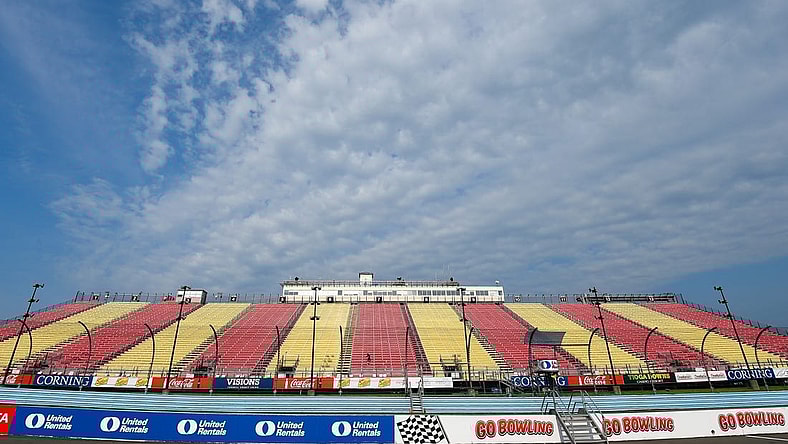 Aug 7, 2021; Watkins Glen, NY, USA; General view of the main grandstand at Watkins Glen International prior to the NASCAR Camping World Truck Series United Rentals 176  Mandatory Credit: Rich Barnes-USA TODAY Sports