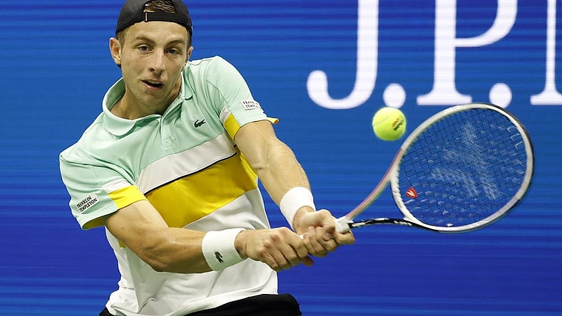 Sep 2, 2021; Flushing, NY, USA;   Tallon Griekspoor of the Netherlands hits a shot against Novak Djokovic of Serbia in a second round match on day four of the 2021 U.S. Open tennis tournament at USTA Billie Jean King National Tennis Center. Mandatory Credit: Jerry Lai-USA TODAY Sports