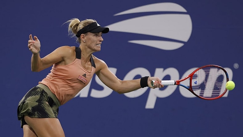 Sep 5, 2021; Flushing, NY, USA; Angelique Kerber of Germany hits a forehand against Leylah Fernandez of Canada (not pictured) on day seven of the 2021 U.S. Open tennis tournament at USTA Billie King National Tennis Center. Mandatory Credit: Geoff Burke-USA TODAY Sports
