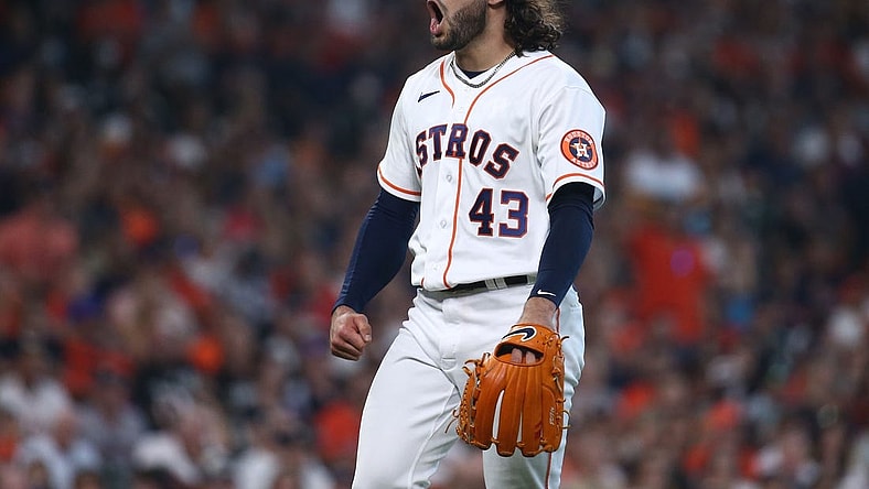 Oct 7, 2021; Houston, Texas, USA; Houston Astros starting pitcher Lance McCullers Jr. (43) celebrates during the fifth inning against the Chicago White Sox in game one of the 2021 ALDS at Minute Maid Park. Mandatory Credit: Troy Taormina-USA TODAY Sports