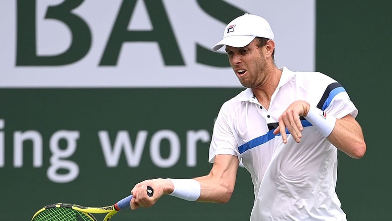 Oct 7, 2021; Indian Wells, CA, USA; Sam Querrey (USA) hits a shot during his first round match against Daniel Altmaier (GER) in the BNP Paribas Open at the Indian Wells Tennis Garden. Mandatory Credit: Jayne Kamin-Oncea-USA TODAY Sports