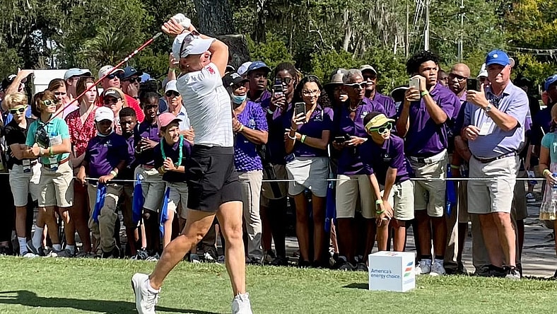 World Golf Hall of Fame member Annika Sorenstam tees off in the Constellation Furyk & Friends Celebrity Challenge for Charity on Saturday at the Timuquana Country Club.
Annika