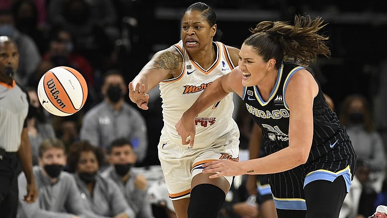 Oct 17, 2021; Chicago, Illinois, USA; Phoenix Mercury center Kia Vaughn (1) and Chicago Sky center Stefanie Dolson (31) during the first half of game four of the 2021 WNBA Finals at Wintrust Arena. Mandatory Credit: Matt Marton-USA TODAY Sports