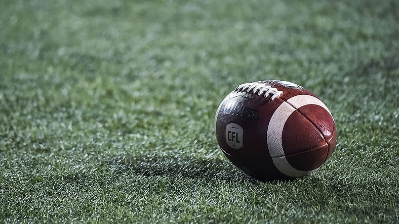 Oct 22, 2021; Montreal, Quebec, CAN; view of a CFL game ball on the field before the first quarter during a Canadian Football League game at Molson Stadium. Mandatory Credit: David Kirouac-USA TODAY Sports