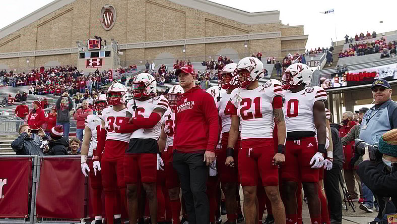 Nov 20, 2021; Madison, Wisconsin, USA;  Nebraska Cornhuskers head coach Scott Frost waits with the football team before taking to the field prior to the game against the Wisconsin Badgers at Camp Randall Stadium. Mandatory Credit: Jeff Hanisch-USA TODAY Sports
