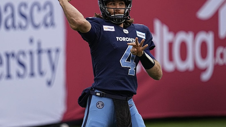Dec 5, 2021; Toronto, Ontario, CAN; Toronto Argonauts quarterback McLeod Bethel-Thompson (4) throws a pass during warm up before a game against the Hamilton Tiger-Cats during the Canadian Football League Eastern Conference Final game at BMO Field. Mandatory Credit: John E. Sokolowski-USA TODAY Sports