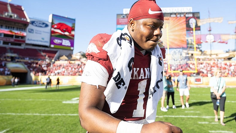 Jan 1, 2022; Tampa, FL, USA; Arkansas Razorbacks quarterback KJ Jefferson (1) smiles after the game against the Penn State Nittany Lions during the 2022 Outback Bowl at Raymond James Stadium. Mandatory Credit: Matt Pendleton-USA TODAY Sports