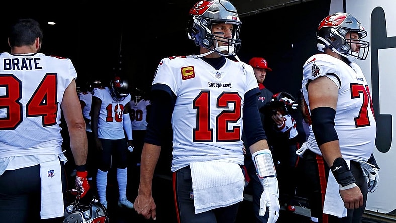 Jan 23, 2022; Tampa, Florida, USA; Tampa Bay Buccaneers quarterback Tom Brady (12) waits in the tunnel before playing the Los Angeles Rams during a NFC Divisional playoff football game at Raymond James Stadium. Mandatory Credit: Kim Klement-USA TODAY Sports