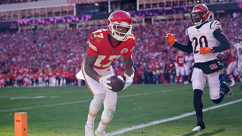 Kansas City Chiefs wide receiver Mecole Hardman (17) catches a touchdown pass in the second quarter during the AFC championship NFL football game, Sunday, Jan. 30, 2022, at GEHA Field at Arrowhead Stadium in Kansas City, Mo.

Cincinnati Bengals At Kansas City Chiefs Jan 30 Afc Championship 289