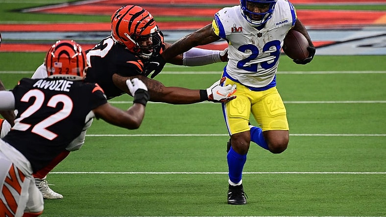 Feb 13, 2022; Inglewood, California, USA; Los Angeles Rams running back Cam Akers (23) runs with the ball against the Cincinnati Bengals in Super Bowl LVI at SoFi Stadium. Mandatory Credit: Gary A. Vasquez-USA TODAY Sports