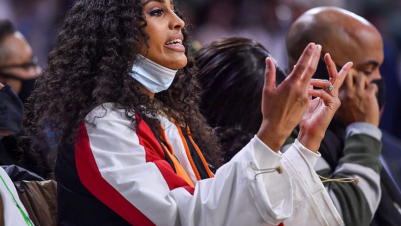 Feb 27, 2022; South Bend, Indiana, USA; WNBA and former Notre Dame player Skylar Diggins-Smith watches in the first half of the game between the Notre Dame Fighting Irish and the Louisville Cardinals at the Purcell Pavilion. Mandatory Credit: Matt Cashore-USA TODAY Sports