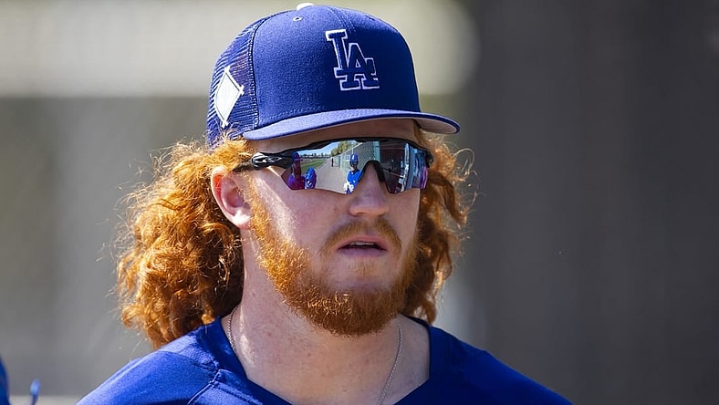 Mar 14, 2022; Glendale, AZ, USA; Los Angeles Dodgers pitcher Dustin May during spring training workouts at Camelback Ranch. Mandatory Credit: Mark J. Rebilas-USA TODAY Sports