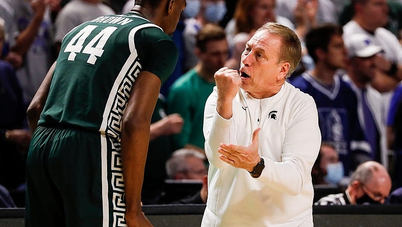 Michigan State coach Tom Izzo talks to forward Gabe Brown during the second half of MSU's 85-76 loss in the second round of the NCAA tournament on Sunday, March 20, 2022, in Greenville, South Carolina.