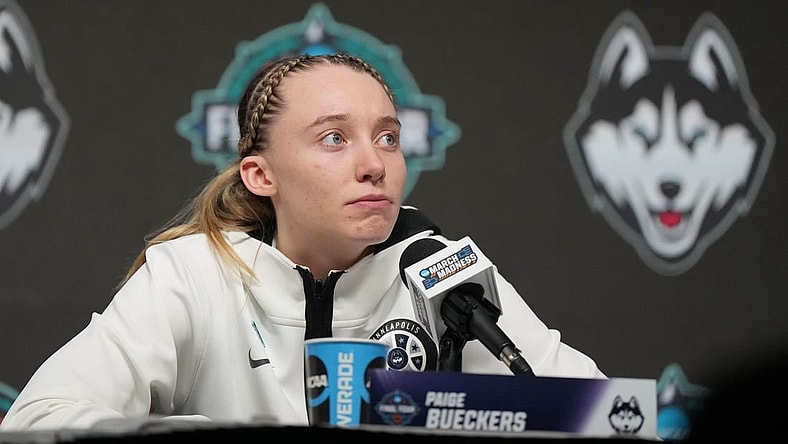 Apr 1, 2022; Minneapolis, MN, USA; UConn Huskies guard Paige Bueckers (5) speaks to the media after defeating the Stanford Cardinal in the Final Four semifinals of the women's college basketball NCAA Tournament at Target Center. Mandatory Credit: Kirby Lee-USA TODAY Sports