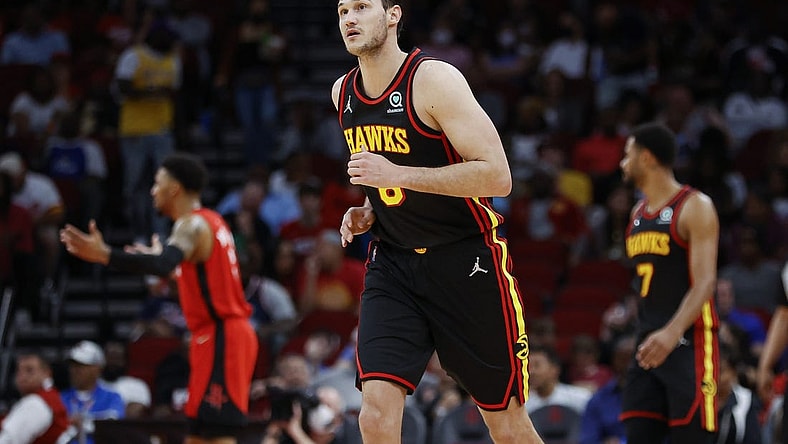 Apr 10, 2022; Houston, Texas, USA; Atlanta Hawks forward Danilo Gallinari (8) reacts after scoring a basket during the second quarter against the Houston Rockets at Toyota Center. Mandatory Credit: Troy Taormina-USA TODAY Sports