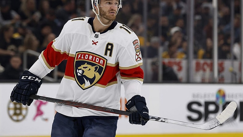 Apr 26, 2022; Boston, Massachusetts, USA; Florida Panthers left wing Jonathan Huberdeau (11) during the first period against the Boston Bruins at TD Garden. Mandatory Credit: Winslow Townson-USA TODAY Sports