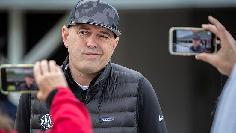 Trainer Chad Brown talks with the media on the backside at Churchill Downs about his Kentucky Derby prospect, Zandon. April 29, 2022

Af5i9148