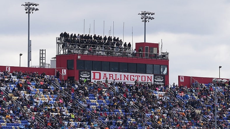 May 8, 2022; Darlington, South Carolina, USA; A general view of the press box and front stretch grand stands during the Goodyear 400 at Darlington Raceway. Mandatory Credit: Jasen Vinlove-USA TODAY Sports