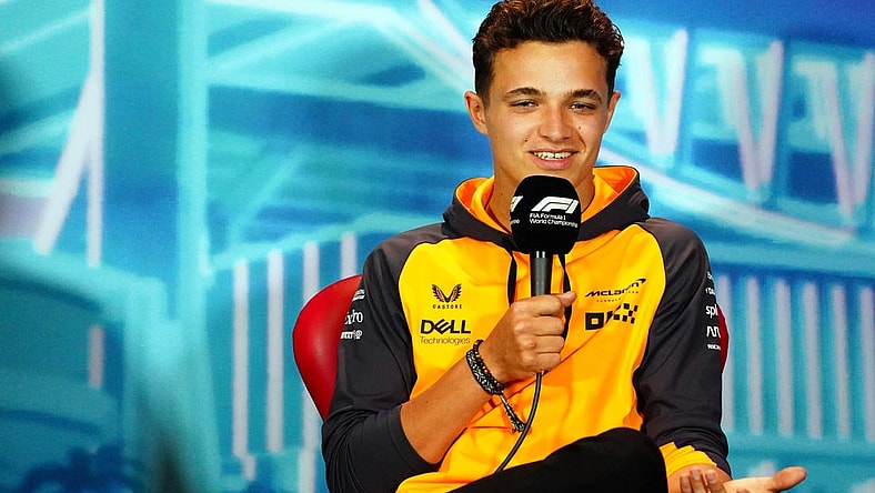 May 6, 2022; Miami Gardens, Florida, USA; McLaren driver Lando Norris of Britain talks with the media during a press conference before their practice session for the Miami Grand Prix at Miami International Autodrome. Mandatory Credit: John David Mercer-USA TODAY Sports