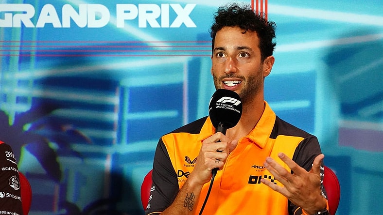 May 6, 2022; Miami Gardens, Florida, USA; McLaren driver Daniel Ricciardo of Australia  talks with the media during a press conference before their practice session for the Miami Grand Prix at Miami International Autodrome. Mandatory Credit: John David Mercer-USA TODAY Sports