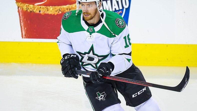 May 11, 2022; Calgary, Alberta, CAN; Dallas Stars left wing Michael Raffl (18) skates during the warmup period against the Calgary Flames in game five of the first round of the 2022 Stanley Cup Playoffs at Scotiabank Saddledome. Mandatory Credit: Sergei Belski-USA TODAY Sports