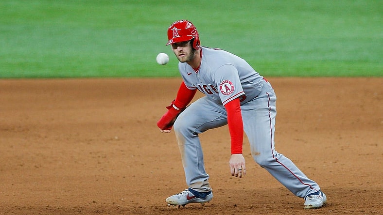 May 18, 2022; Arlington, Texas, USA; Los Angeles Angels right fielder Taylor Ward (3) watches a line drive pass by him during the sixth inning against the Texas Rangers at Globe Life Field. Mandatory Credit: Andrew Dieb-USA TODAY Sports