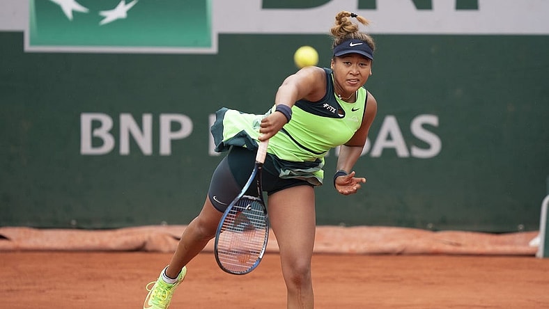 May 23, 2022; Paris, France; Naomi Osaka (JPN) serves the ball during her match against Amanda Anisimova (USA) on day two of the French Open at Stade Roland-Garros. Mandatory Credit: Susan Mullane-USA TODAY Sports