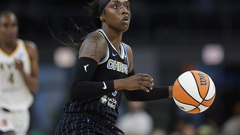 May 24, 2022; Chicago, Illinois, USA; Chicago Sky guard Kahleah Copper (2) brings the ball up court against the Indiana Fever during the first half at Wintrust Arena. Mandatory Credit: Kamil Krzaczynski-USA TODAY Sports