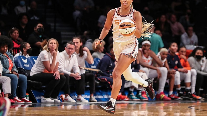 May 17, 2022; Brooklyn, New York, USA;  Connecticut Sun guard DiJonai Carrington (21) at Barclays Center. Mandatory Credit: Wendell Cruz-USA TODAY Sports