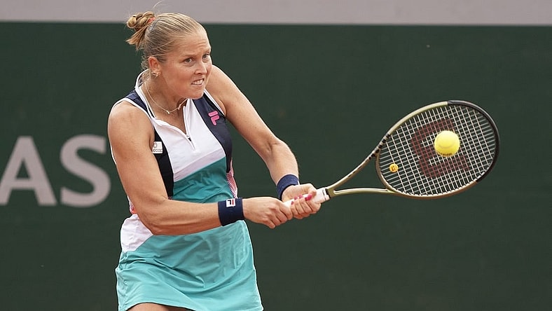 May 26, 2022; Paris, France; Shelby Rogers (USA) returns a shot from Danielle Collins (USA) during their match on day five of the French Open at Stade Roland-Garros. Mandatory Credit: Susan Mullane-USA TODAY Sports