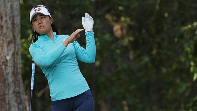 Jun 2, 2022; Southern Pines, North Carolina, USA; Danielle Kang reacts after hitting her tee shot on the twelfth hole during the first round of the U.S. Women's Open. Mandatory Credit: Geoff Burke-USA TODAY Sports