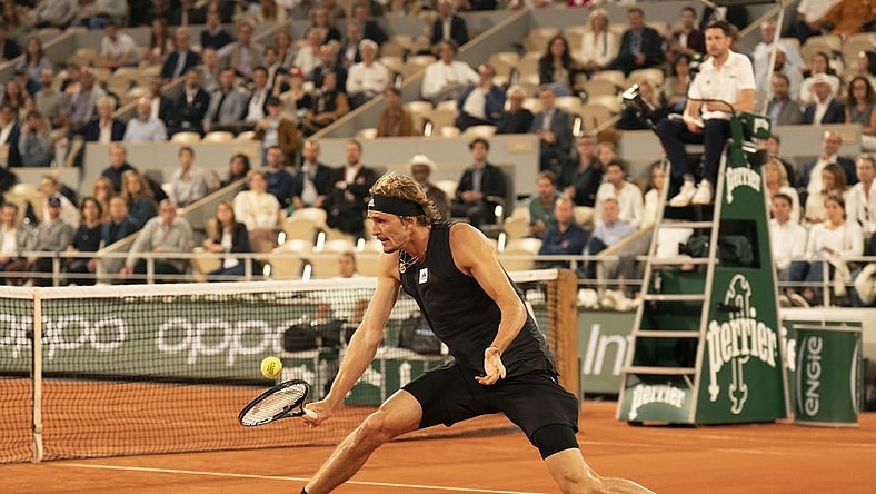 June 3, 2022; Paris, France; Alexander Zverev (GER) returns a shot during his semifinal match against Rafael Nadal (ESP)on day 13 of the French Open at Stade Roland-Garros. Mandatory Credit: Susan Mullane-USA TODAY Sports