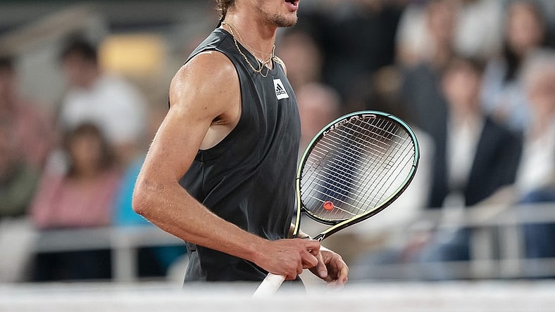 June 3, 2022; Paris, France; Alexander Zverev (GER) reacts to a point a shot during his semifinal match against Rafael Nadal (ESP)on day 13 of the French Open at Stade Roland-Garros. Mandatory Credit: Susan Mullane-USA TODAY Sports