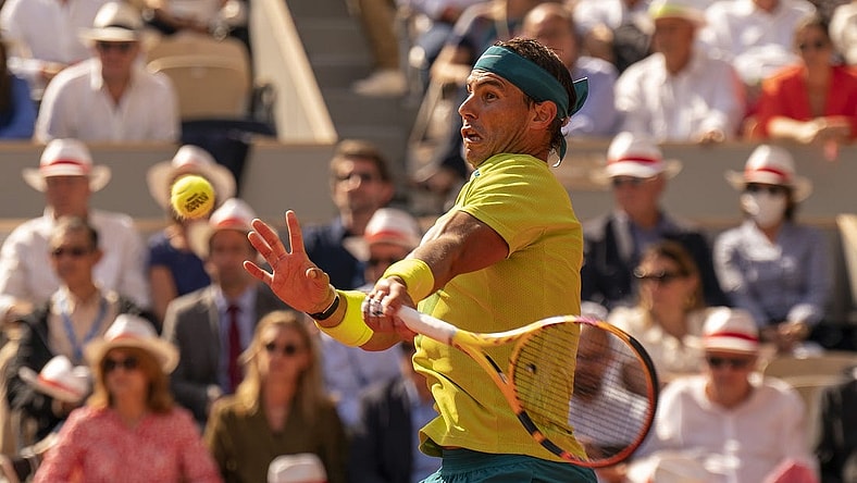 June 5, 2022; Paris, France; Rafael Nadal (ESP) returns a shot during the men s singles final against Casper Ruud (NOR) on day 15 of the French Open at Stade Roland-Garros. Mandatory Credit: Susan Mullane-USA TODAY Sports