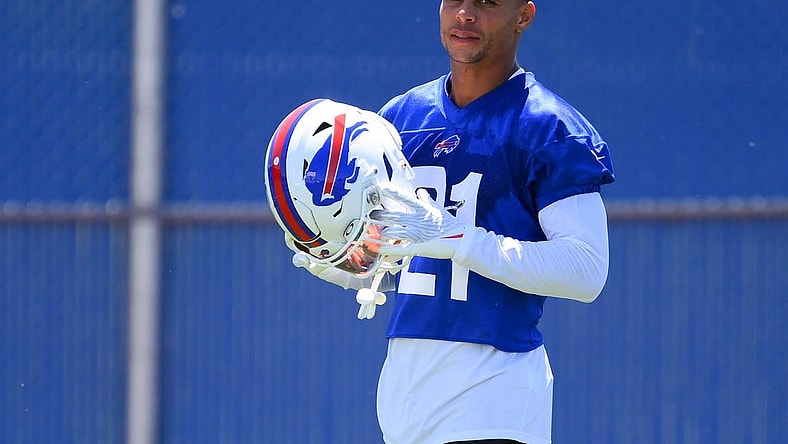 Jun 14, 2022; Orchard Park, New York, USA; Buffalo Bills safety Jordan Poyer (21) looks on during minicamp at the ADPRO Sports Training Center. Mandatory Credit: Rich Barnes-USA TODAY Sports