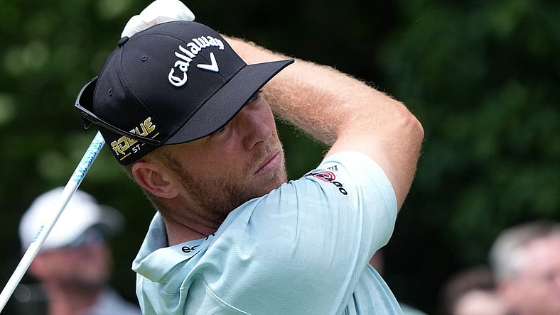 Jun 16, 2022; Brookline, Massachusetts, USA; Talor Gooch plays his shot from the 15th tee during the first round of the U.S. Open golf tournament. Mandatory Credit: John David Mercer-USA TODAY Sports