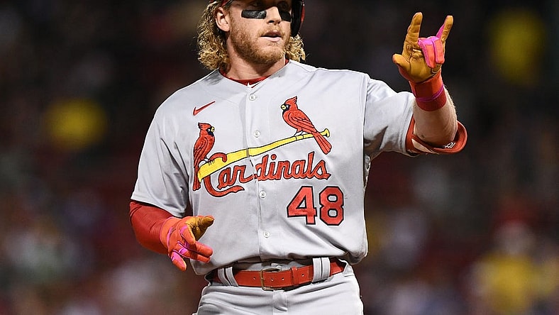 Jun 17, 2022; Boston, Massachusetts, USA; St. Louis Cardinals center fielder Harrison Bader (48) reacts after hitting a RBI triple against the Boston Red Sox during the ninth inning at Fenway Park. Mandatory Credit: Brian Fluharty-USA TODAY Sports