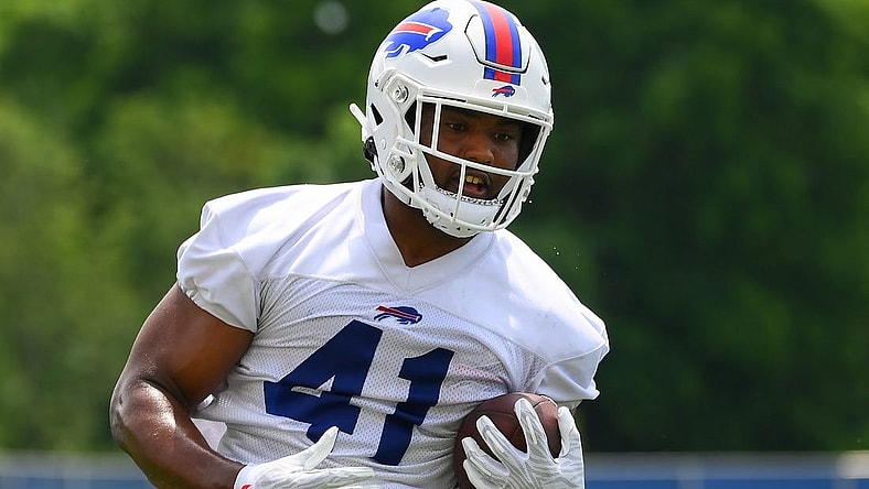 Jun 15, 2022; Orchard Park, New York, USA; Buffalo Bills fullback Reggie Gilliam (41) runs with the ball during minicamp at the ADPRO Sports Training Center. Mandatory Credit: Rich Barnes-USA TODAY Sports