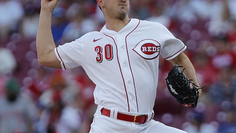 Jun 21, 2022; Cincinnati, Ohio, USA; Cincinnati Reds starting pitcher Tyler Mahle (30) throws a pitch against the Los Angeles Dodgers during the first inning at Great American Ball Park. Mandatory Credit: David Kohl-USA TODAY Sports