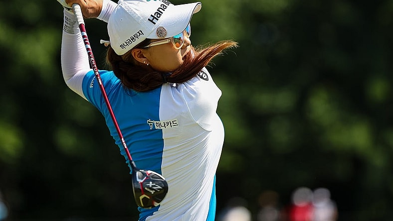 Jun 25, 2022; Bethesda, Maryland, USA; Minjee Lee plays her shot from the third tee during the third round of the KPMG Women's PGA Championship golf tournament at Congressional Country Club. Mandatory Credit: Scott Taetsch-USA TODAY Sports
