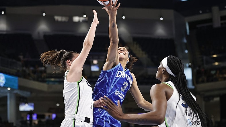 Jun 26, 2022; Chicago, Illinois, USA; Chicago Sky forward Candace Parker (3) shoots against the Minnesota Lynx during the first half of a WNBA game at Wintrust Arena. Mandatory Credit: Kamil Krzaczynski-USA TODAY Sports