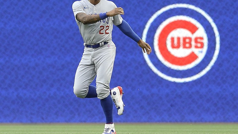Jun 20, 2022; Pittsburgh, Pennsylvania, USA; Chicago Cubs right fielder Jason Heyward (22) warms up in the outfield before the game against the Pittsburgh Pirates at PNC Park. Mandatory Credit: Charles LeClaire-USA TODAY Sports