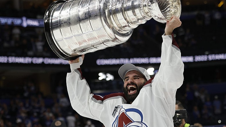 Jun 26, 2022; Tampa, Florida, USA; Colorado Avalanche center Nazem Kadri (91) celebrates with the Stanley Cup after the Avalanche game against the Tampa Bay Lightning in game six of the 2022 Stanley Cup Final at Amalie Arena. Mandatory Credit: Geoff Burke-USA TODAY Sports