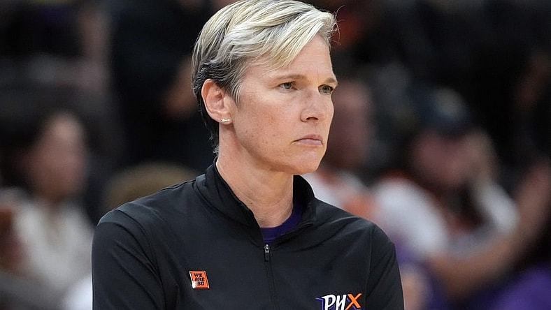 Jun 29, 2022; Phoenix, Arizona, USA; Phoenix Mercury head coach Vanessa Nygaard looks on against the Indiana Fever while wearing a We Are BG pin in support of Phoenix Mercury center Brittney Griner (not pictured) during the first half at Footprint Center. Mandatory Credit: Joe Camporeale-USA TODAY Sports
