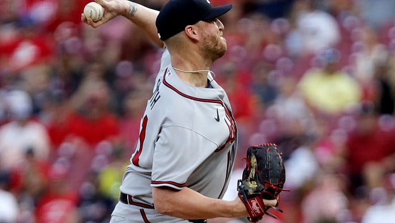 Jul 2, 2022; Cincinnati, Ohio, USA; Atlanta Braves relief pitcher Will Smith (51) throws a pitch against the Cincinnati Reds during the ninth inning at Great American Ball Park. Mandatory Credit: David Kohl-USA TODAY Sports