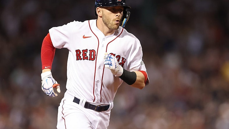 Jul 8, 2022; Boston, Massachusetts, USA; Boston Red Sox second baseman Trevor Story (10) rounds the bases after hitting a home run against the New York Yankees during the fourth inning at Fenway Park. Mandatory Credit: Paul Rutherford-USA TODAY Sports