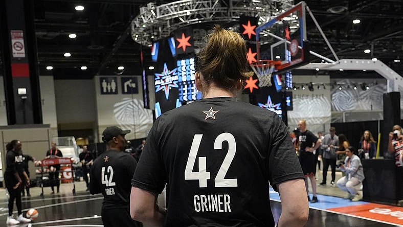 Jul 9, 2022; Chicago, IL, USA; Players on Team Stewart wear practice jersey s honoring Brittany Griner during practice for the 2022 WNBA All-Star Game. Mandatory Credit: David Banks-USA TODAY Sports